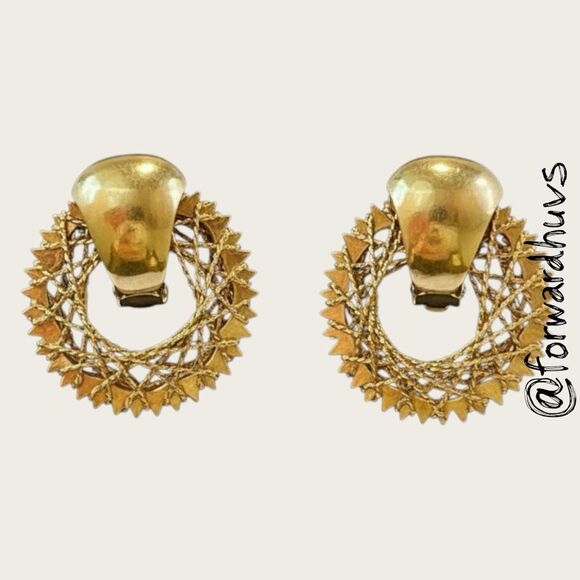 Vintage Gold-Tone Clip-On Earrings – Textured Starburst Design - Picture 1 of 13